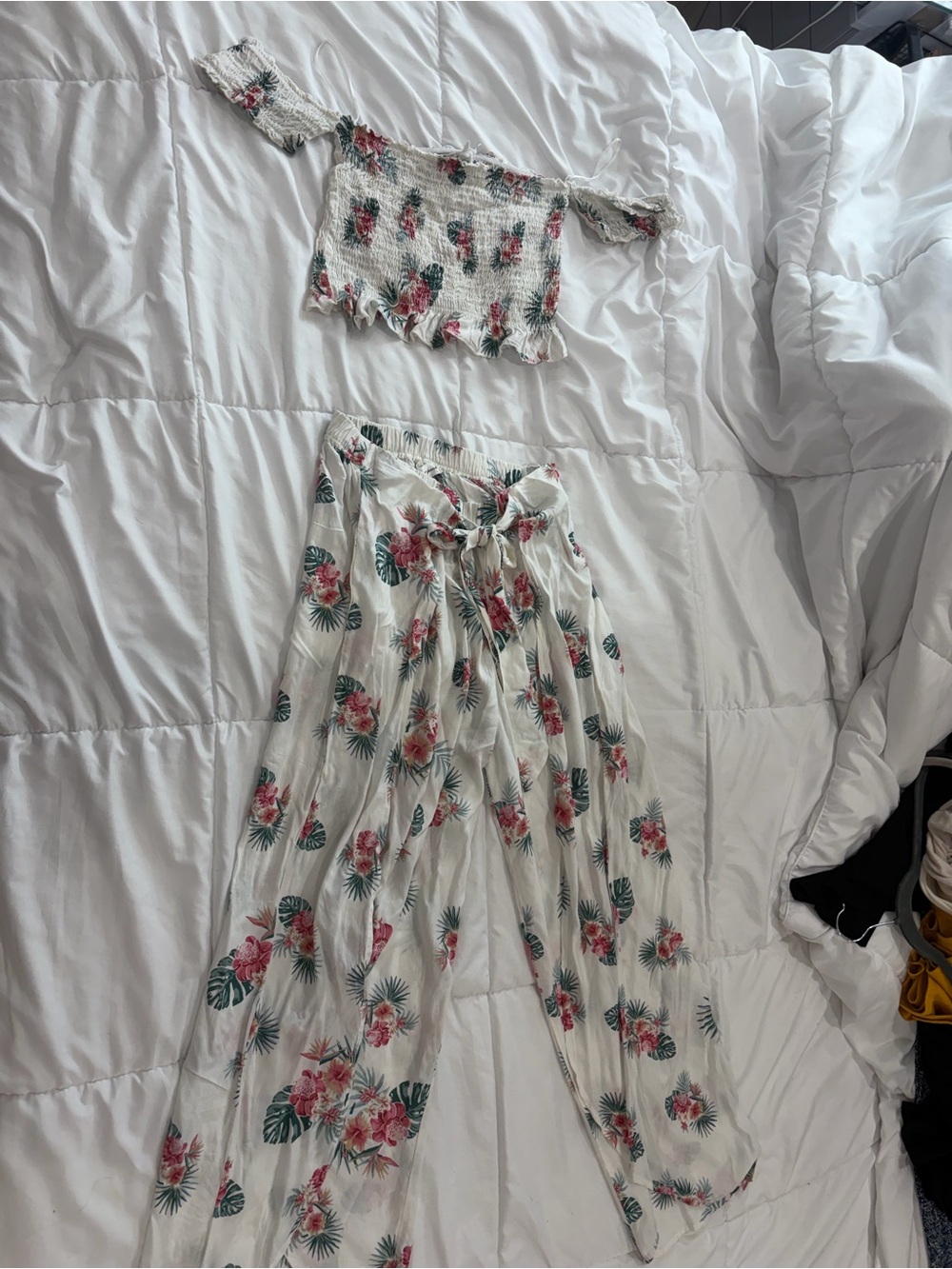 Floral Off-Shoulder Jumpsuit in Cream with Pink & Green Print